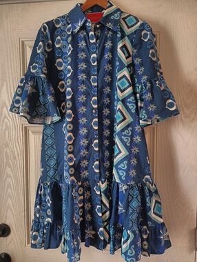 LA DoubleJ Blue Floral Star-Print Ruffle Shirt Dress Size L